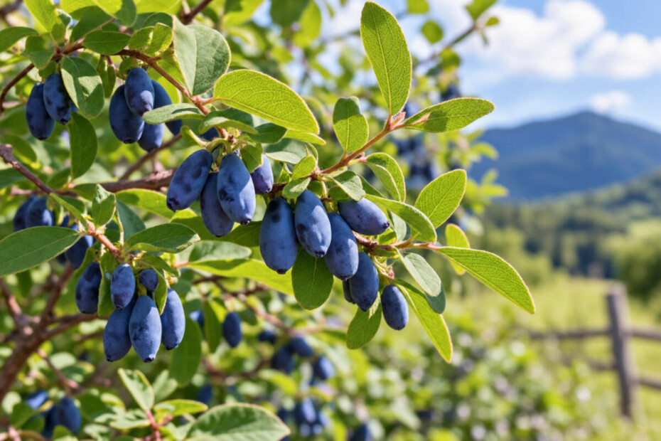Sibirska borovnica (haskap) z zrelimi modrimi plodovi na grmu
