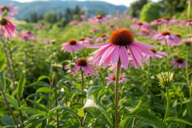 Ameriški slamnik (Echinacea purpurea) z rožnato-vijoličnimi cvetovi in značilnimi stožčastimi sredicami.
