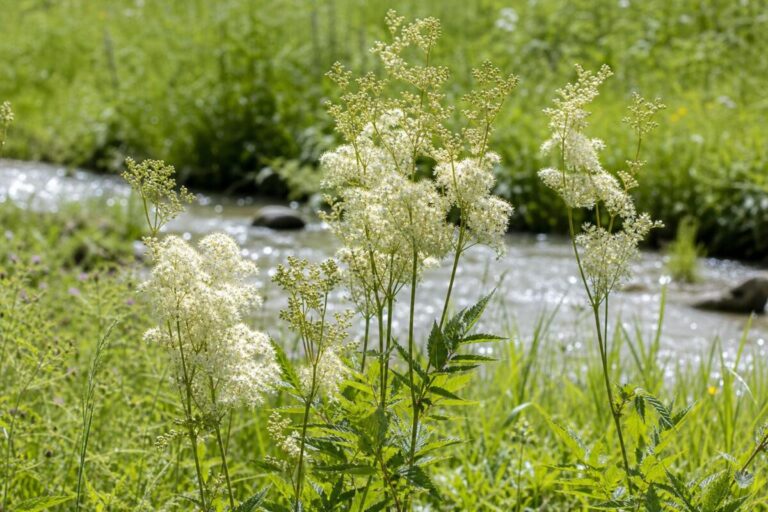 Brestovolistni oslad (Filipendula ulmaria) s kremasto belimi cvetovi na vlažnem travniku.