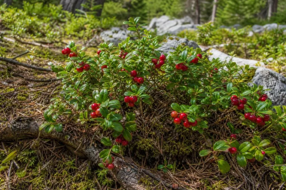Brusnica (Vaccinium vitis-idaea) z zimzelenimi listi in zrelimi rdečimi plodovi.