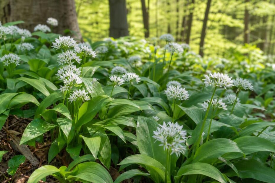 Čemaž (Allium ursinum) z belimi cvetovi v spomladanskem listnatem gozdu
