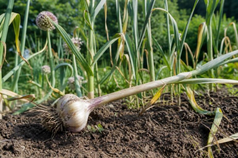 Česen (Allium sativum) s celo čebulico, listi in cvetnim steblom na vrtu.