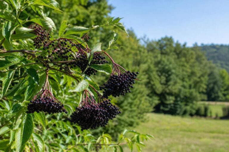 Črni bezeg (Sambucus nigra) z zrelimi temnimi plodovi na gozdnem robu