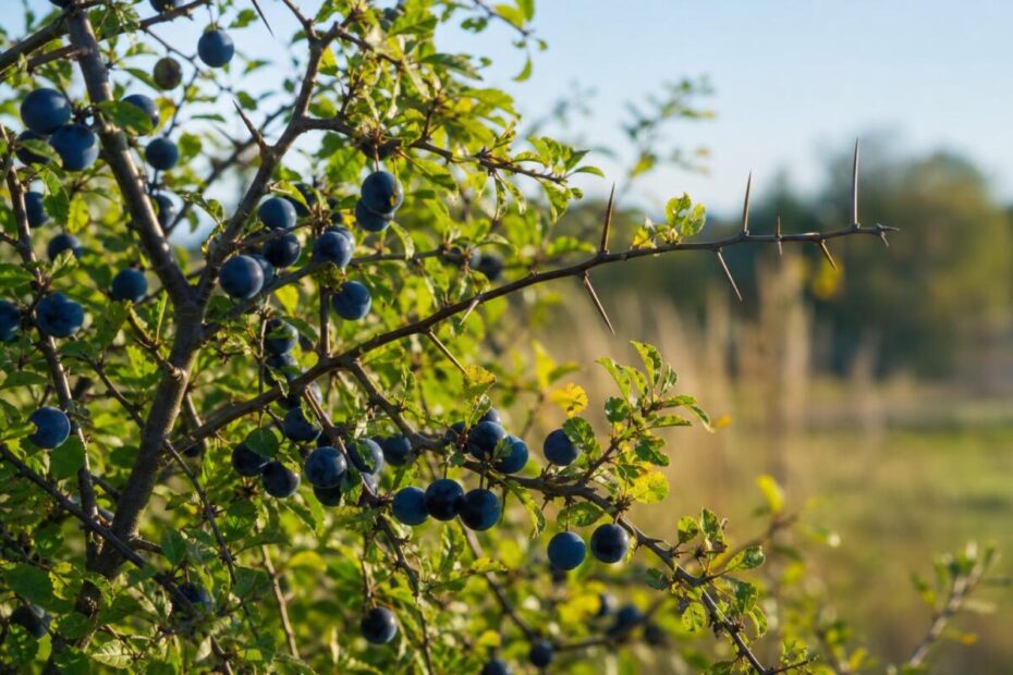 Črni trn (Prunus spinosa) z modročrnimi poprhnjenimi plodovi in trnatimi vejami.