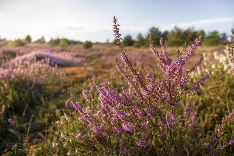 Jesenska vresa (Calluna vulgaris) z rožnato-vijoličnimi cvetovi na naravni resavi.