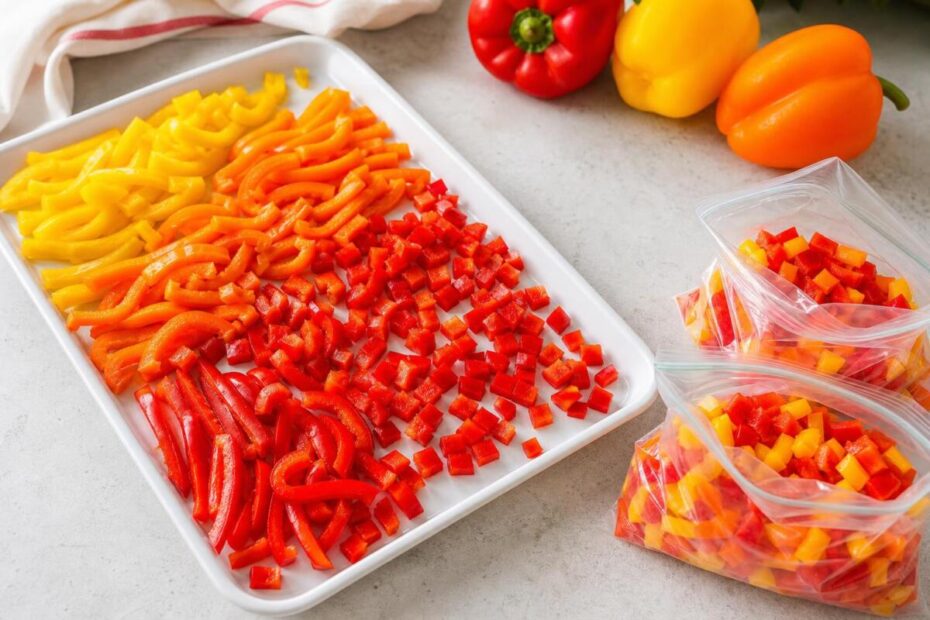 Narezana paprika na pladnju pripravljena za zamrzovanje