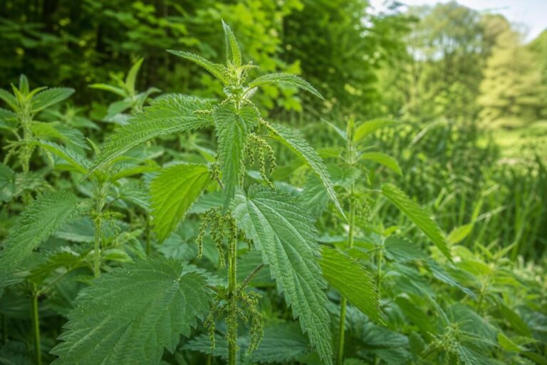 Navadna kopriva (Urtica dioica) z nasprotno nameščenimi nazobčanimi listi na robu slovenskega gozda.