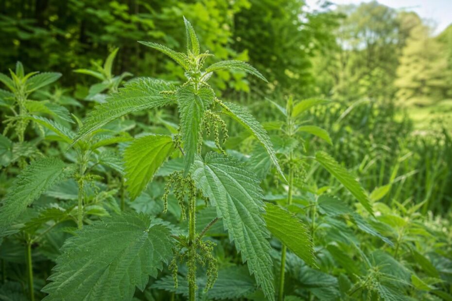 Navadna kopriva (Urtica dioica) z nasprotno nameščenimi nazobčanimi listi na robu slovenskega gozda.
