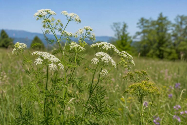 Navadna kumina (Carum carvi) z drobno deljenimi listi in belimi sestavljenimi kobuli