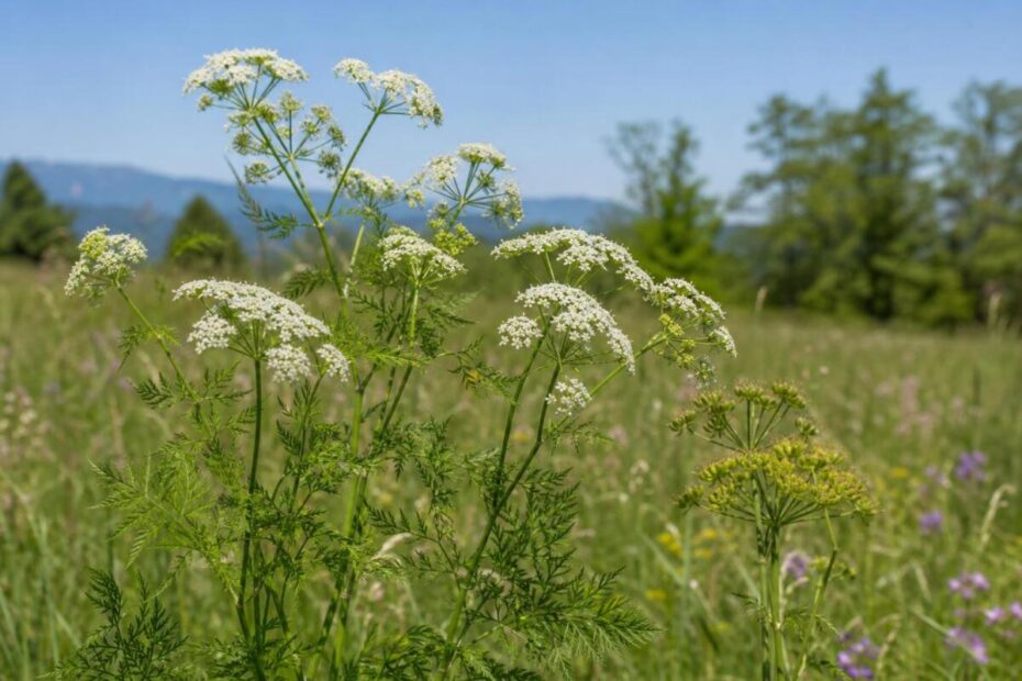 Navadna kumina (Carum carvi) z drobno deljenimi listi in belimi sestavljenimi kobuli