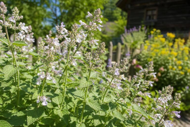Navadna mačja meta (Nepeta cataria) s sivkastozelenimi nazobčanimi listi in svetlimi cvetovi.