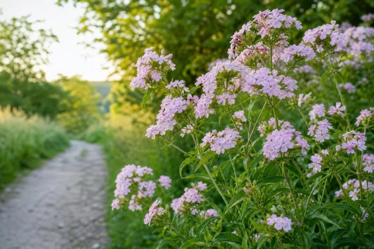 Navadna milnica (Saponaria officinalis) s svetlo rožnatimi cvetovi ob poletni vrtni poti
