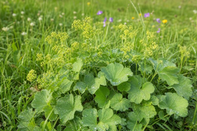Navadna plahtica (Alchemilla vulgaris) s pahljačastimi listi in drobnimi rumenkasto zelenimi cvetovi