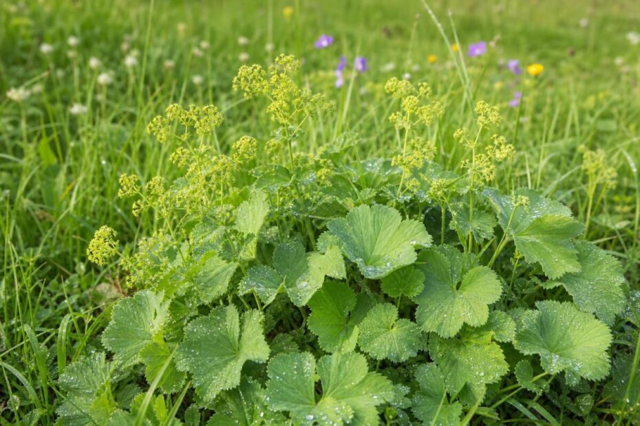 Navadna plahtica (Alchemilla vulgaris) s pahljačastimi listi in drobnimi rumenkasto zelenimi cvetovi