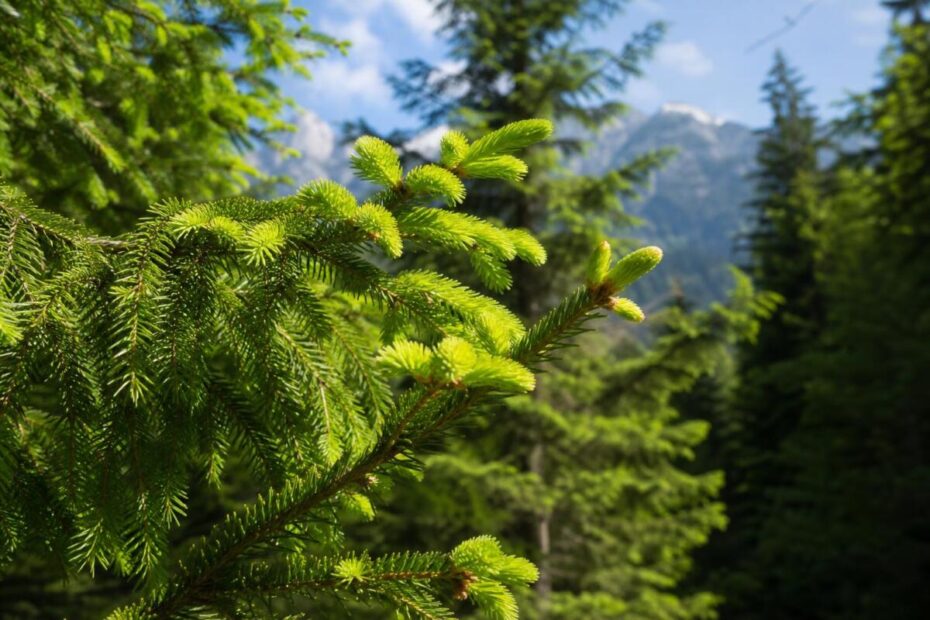 Navadna smreka (Picea abies) z mladimi svetlozelenimi spomladanskimi vršički v gorskem gozdu.