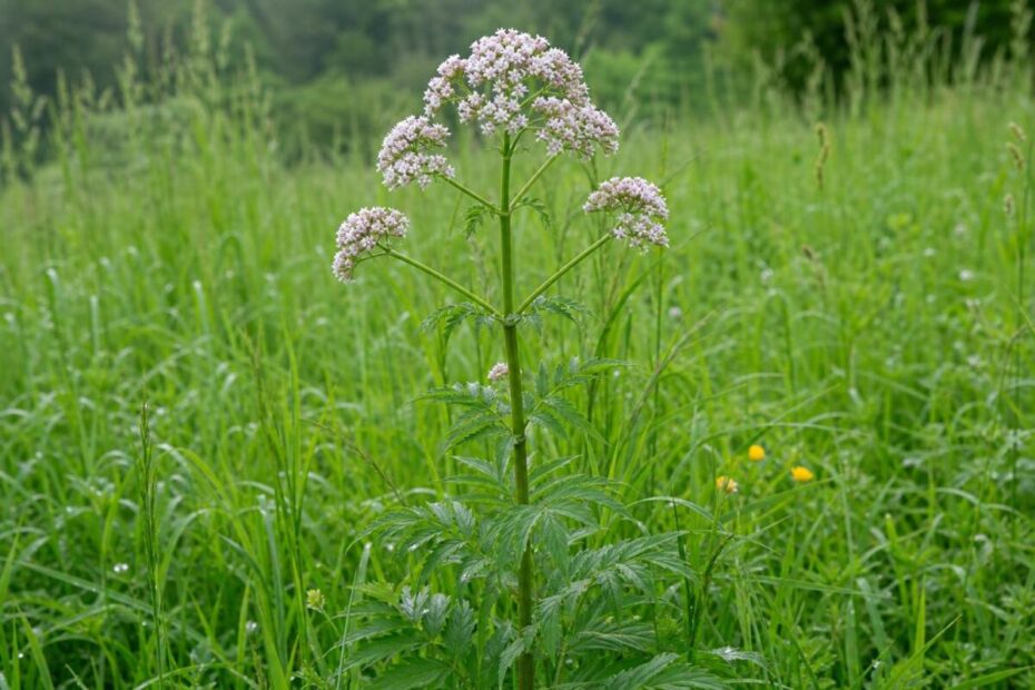 Navadni baldrijan (Valeriana officinalis) z deljenimi listi in svetlimi socvetji na vlažnem travniku