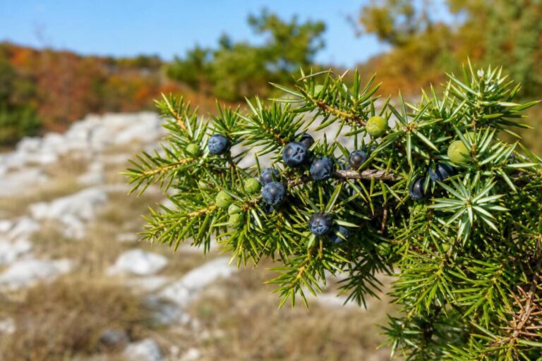 Navadni brin (Juniperus communis) z ostrimi iglicami in zrelimi modročrnimi storžki