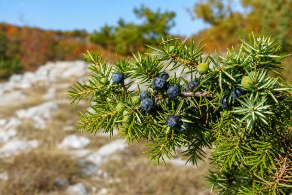 Navadni brin (Juniperus communis) z ostrimi iglicami in zrelimi modročrnimi storžki