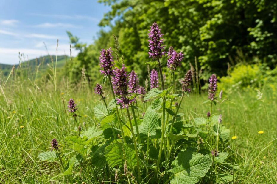 Navadni čistec (Betonica officinalis) z nazobčanimi listi in rožnato-vijoličnimi cvetovi