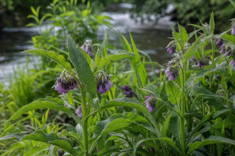 Navadni gabez (Symphytum officinale) z rožnato-vijoličnimi cvetovi na vlažnem rastišču.