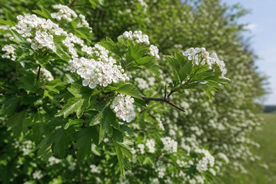 Navadni glog (Crataegus monogyna) z belimi cvetovi, krpatimi listi in trnastimi poganjki