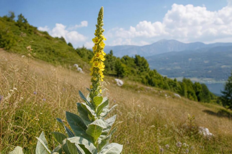Navadni lučnik (Verbascum thapsus) z volnatimi listi in visokim socvetjem rumenih cvetov