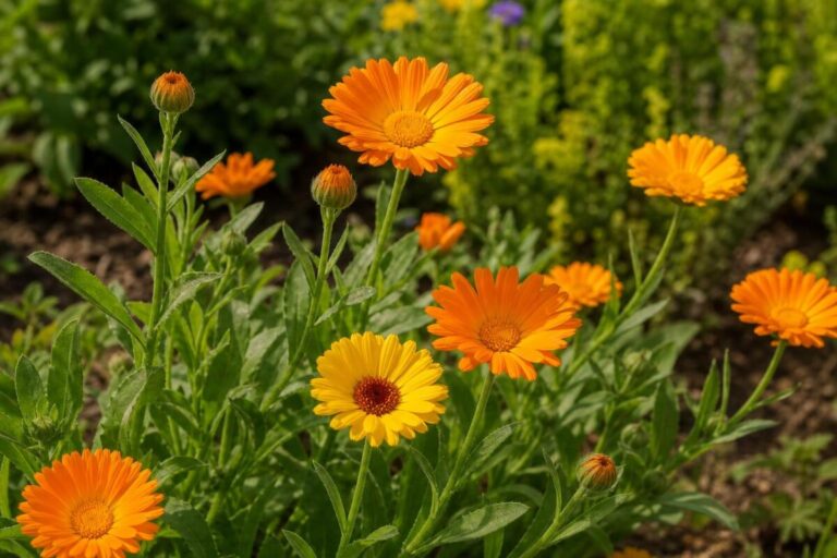 Navadni ognjič (Calendula officinalis) z oranžnimi in rumenimi cvetnimi koški na zeliščni gredi