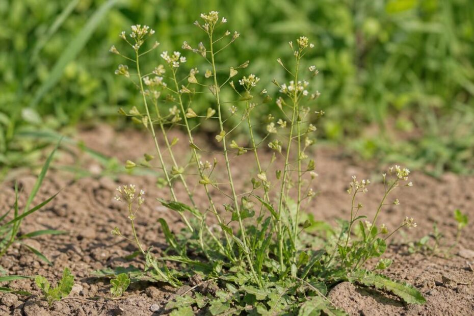 Navadni plešec (Capsella bursa-pastoris) z belimi cvetovi in značilnimi srčastimi plodovi
