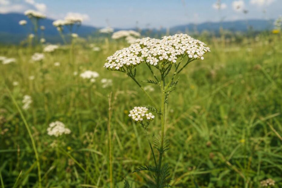 Navadni rman (Achillea millefolium) na svetlem poletnem travniku