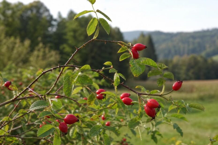 Navadni šipek (Rosa canina) z zrelimi rdečimi šipki na lokastih vejah
