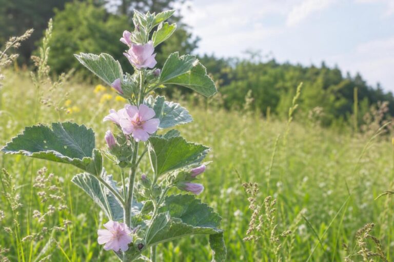 Navadni slez (Althaea officinalis) z mehko dlakavimi listi in bledo rožnatimi cvetovi
