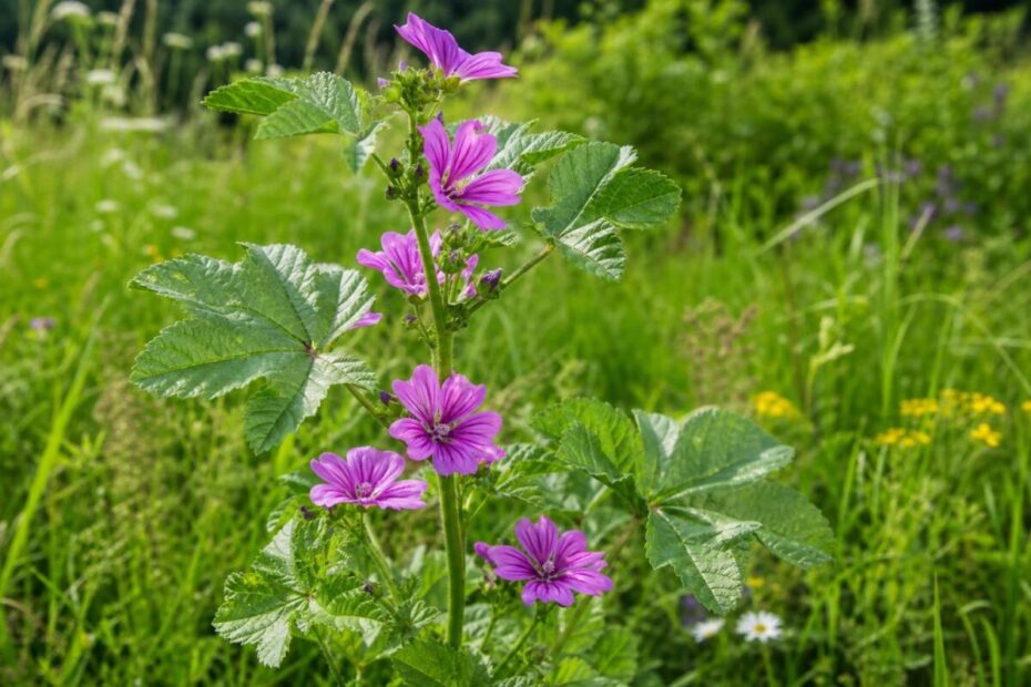Navadni slezenovec (Malva sylvestris) z dlanasto krpatimi listi in rožnato-vijoličnimi cvetovi