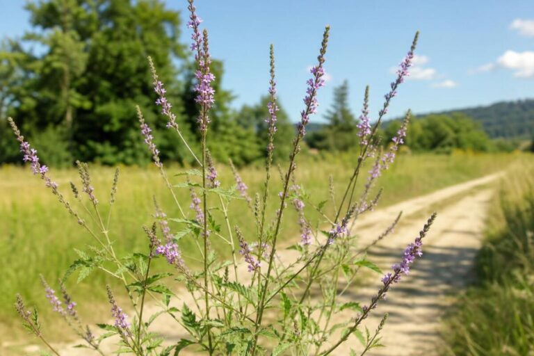 Navadni sporiš (Verbena officinalis) z vitkimi razvejanimi stebli in drobnimi bledo vijoličastimi cvetovi.