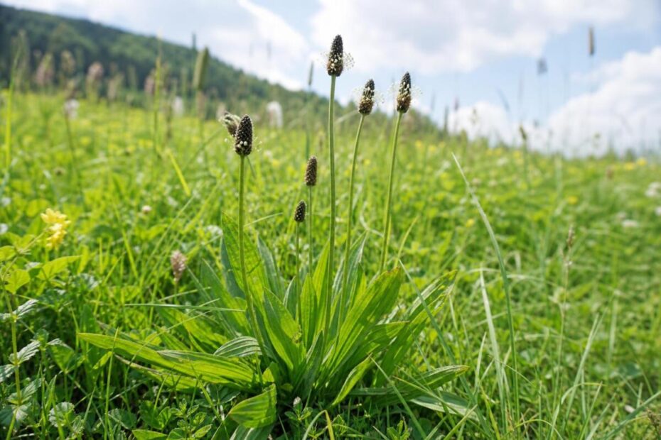 Ozkolistni trpotec (Plantago lanceolata) z ozkimi žilnatimi listi in klasastimi socvetji