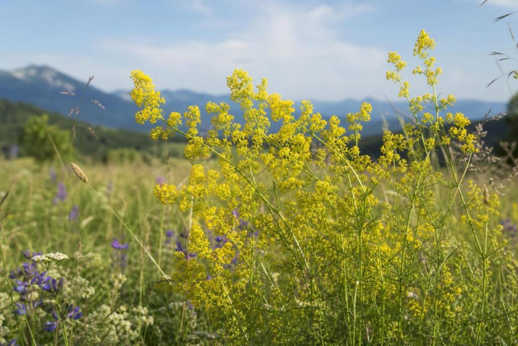 Prava lakota (Galium verum) z drobnimi rumenimi cvetovi na suhem travniku