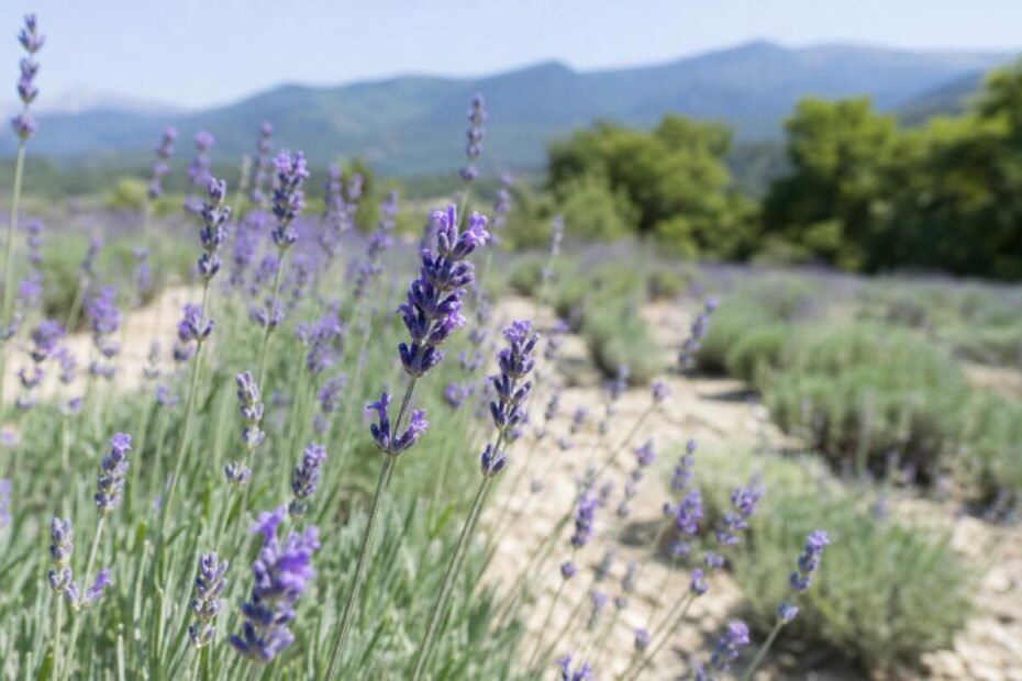 Prava sivka (Lavandula angustifolia) z modrovijoličnimi cvetnimi klasi in ozkimi sivozelenimi listi.