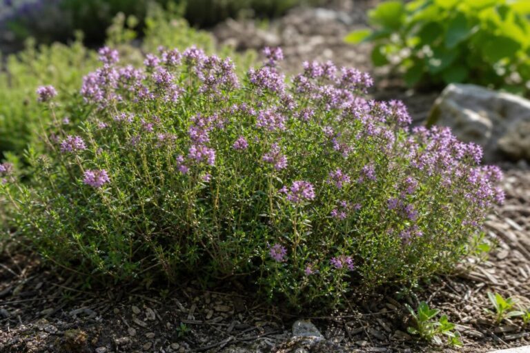 Pravi timijan (Thymus vulgaris) z drobnimi listi in rožnato vijoličastimi cvetovi