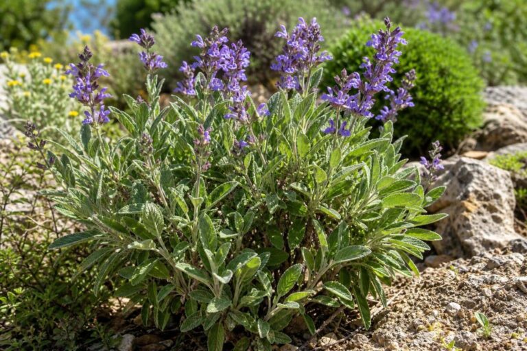 Pravi žajbelj (Salvia officinalis) s srebrno sivimi listi in vijoličastimi cvetovi