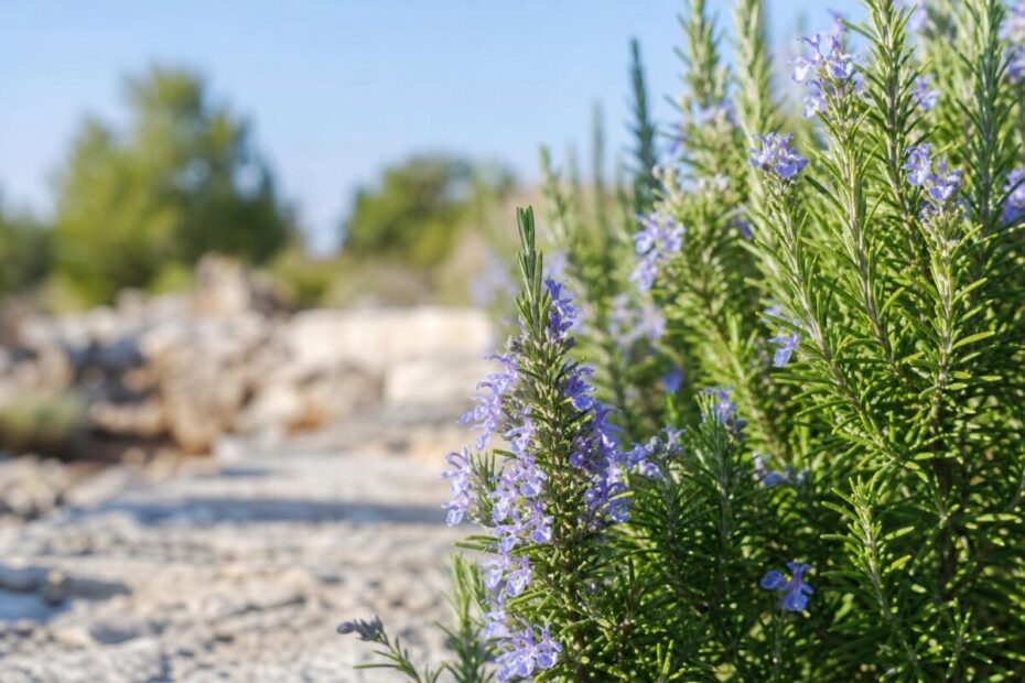 Rožmarin (Salvia rosmarinus) z ozkimi aromatičnimi listi in svetlo modrimi cvetovi.