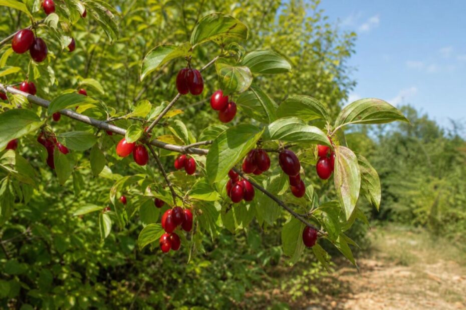 Rumeni dren (Cornus mas) z nasprotnimi ovalnimi listi in zrelimi podolgovatimi rdečimi drnuljami.