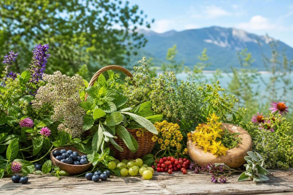 Zdravilne rastline, povezane s fenolnimi spojinami, v naravnem botaničnem prizoru