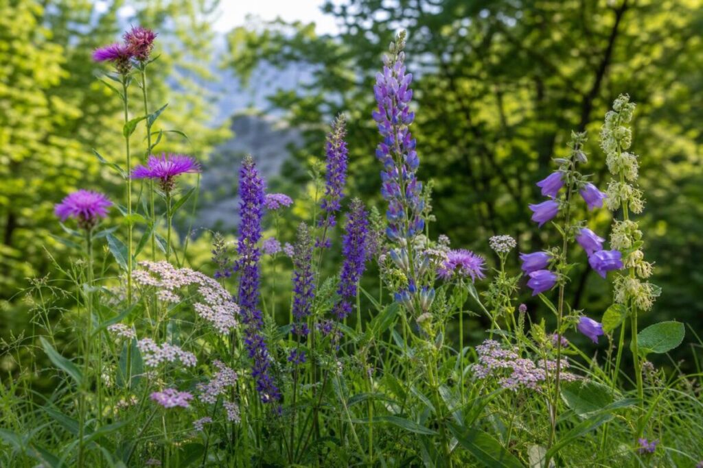 Zdravilne rastline z vijoličnimi cvetovi v naravnem okolju