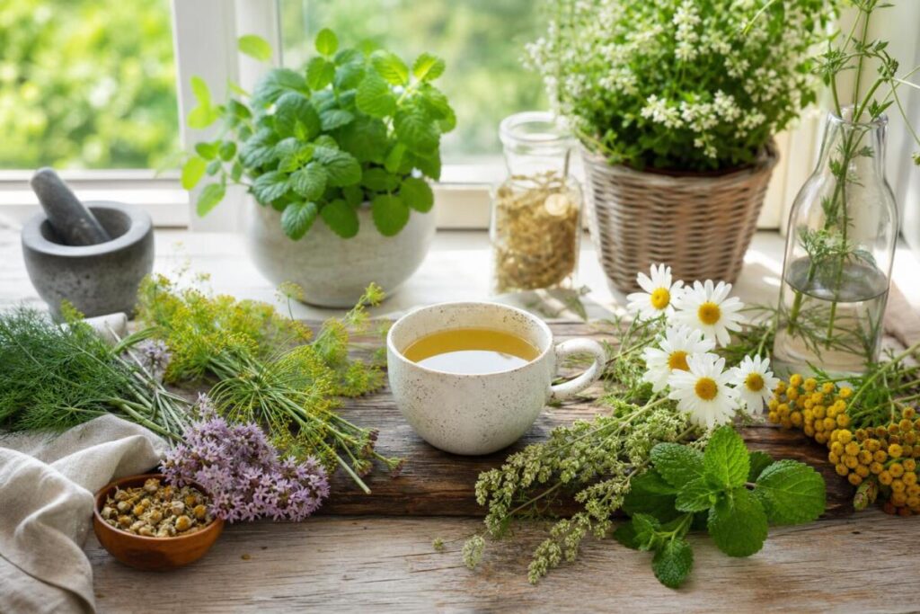 Zdravilne rastline in zeliščni poparek za tradicionalno uporabo pri blagih prebavnih krčih