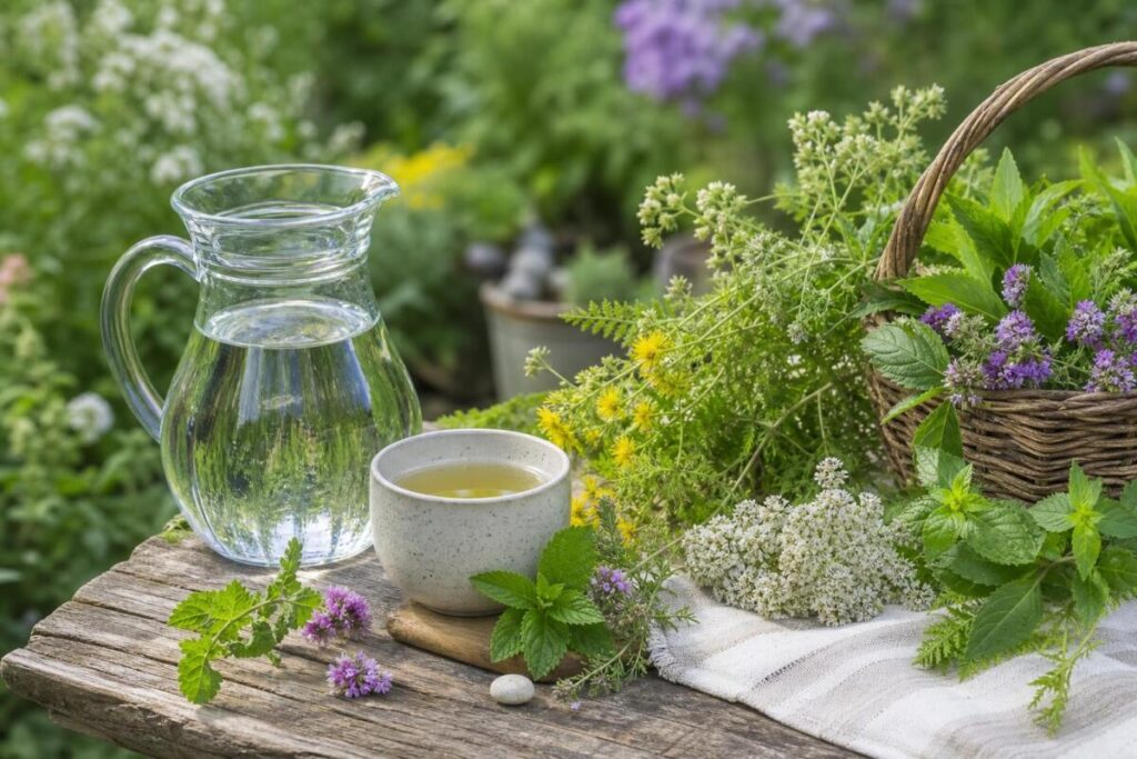 Zdravilne rastline, voda in poparek za tradicionalno uporabo pri blagih težavah sečil