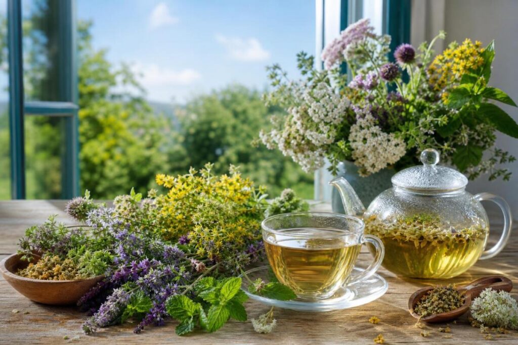Zdravilna zelišča in topel poparek za tradicionalno uporabo pri produktivnem kašlju
