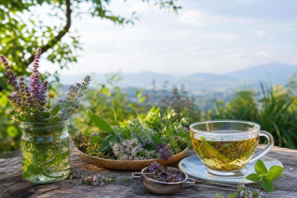 Zdravilna zelišča in miren naravni prizor za tradicionalno uporabo pri blagem duševnem stresu
