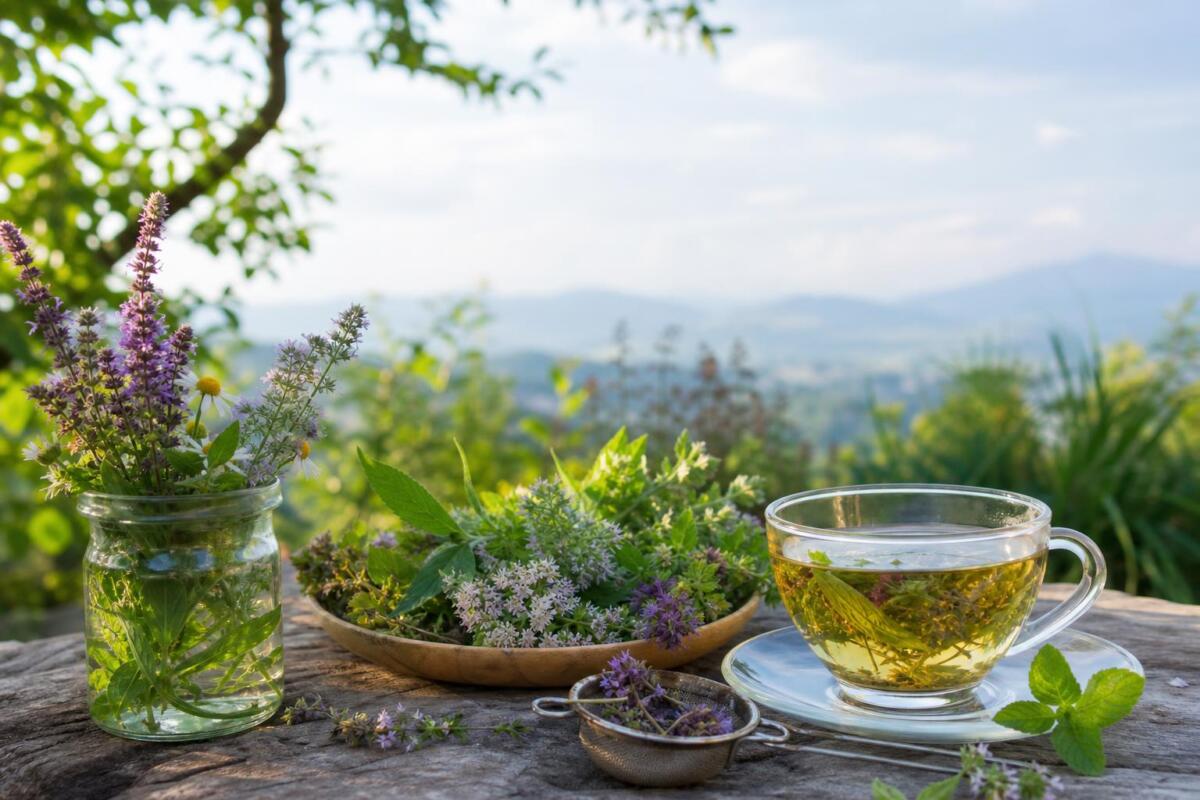 Zdravilna zelišča in miren naravni prizor za tradicionalno uporabo pri blagem duševnem stresu