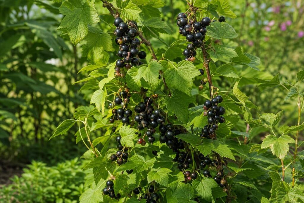Črni ribez z zrelimi črnimi jagodami