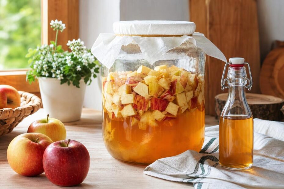 Domači jabolčni kis v stekleni posodi med fermentacijo