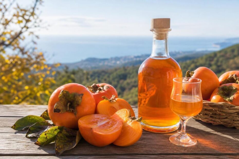 Kakijev liker ob povsem zrelih oranžnih kakijih